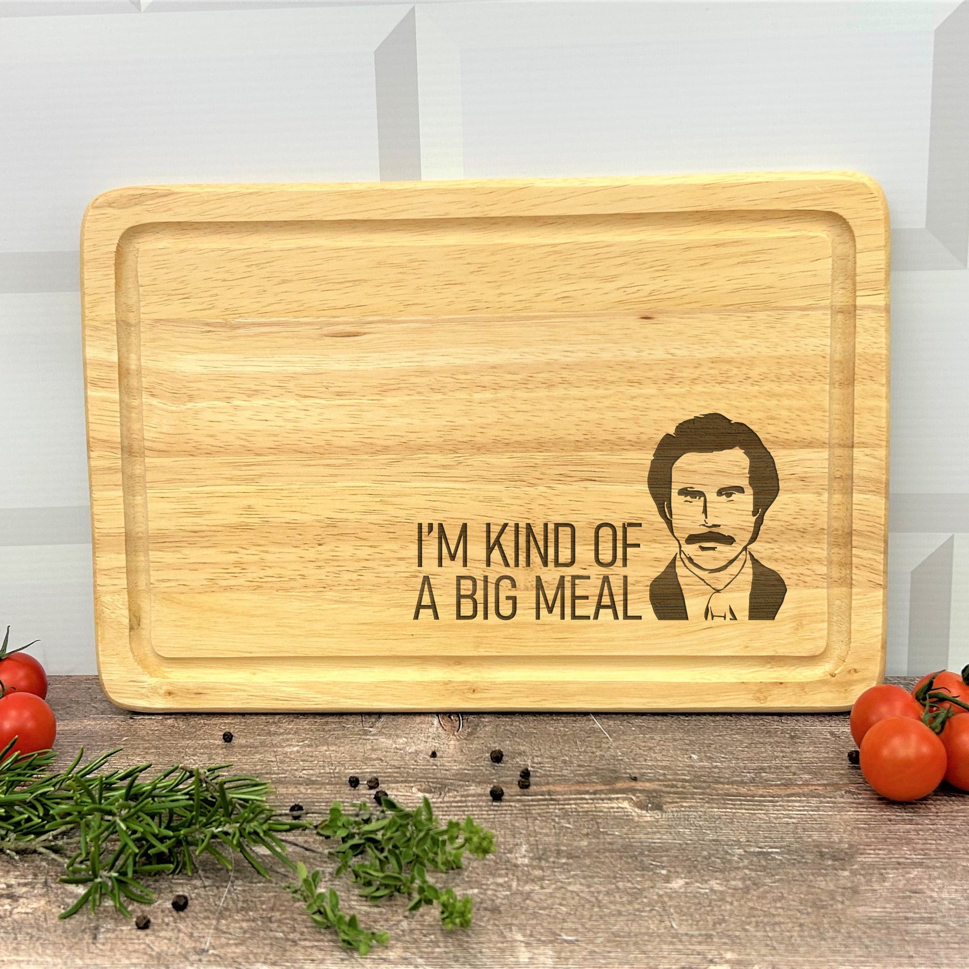 a cutting board with a picture of a man on it