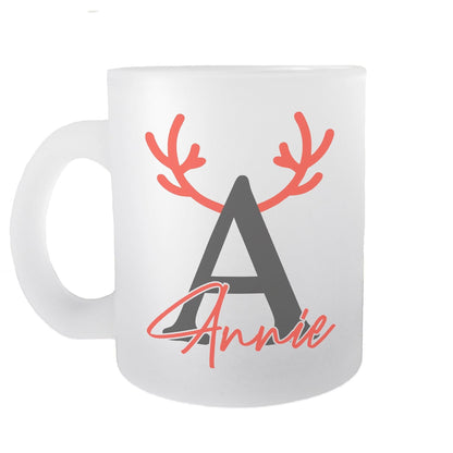 Reindeer Antler Personalised Initial Monogram Frosted Glass Mug Secret Santa Gift XMAS Stocking Filler