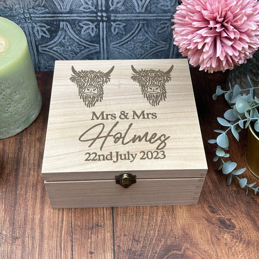Highland Cow Mrs & Mrs Lesbian LGBT Couple Personalised Memory Box Wedding Gift