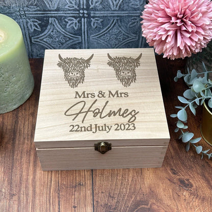 Highland Cow Mrs & Mrs Lesbian LGBT Couple Personalised Memory Box Wedding Gift