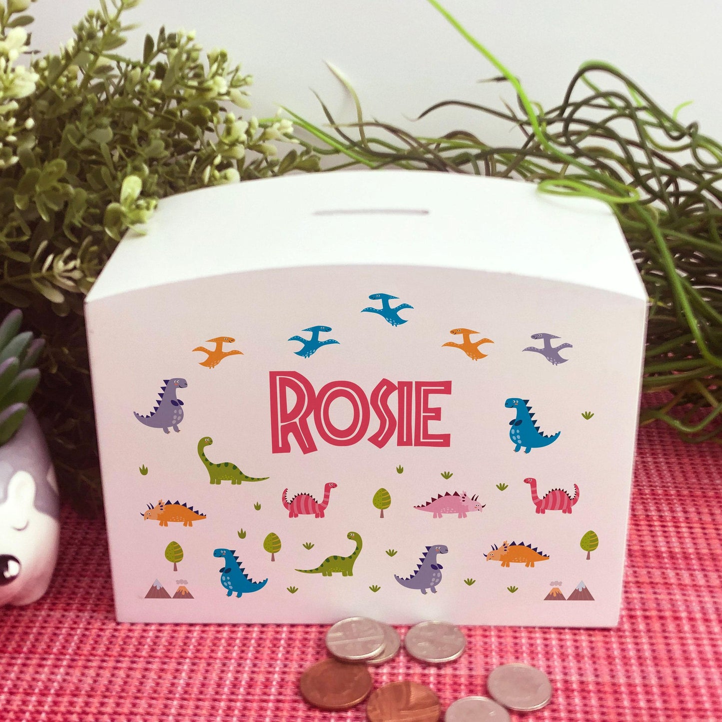 Dinosaurs Colourful Personalised Children's Wooden Money Box - Birthday Saving Gift