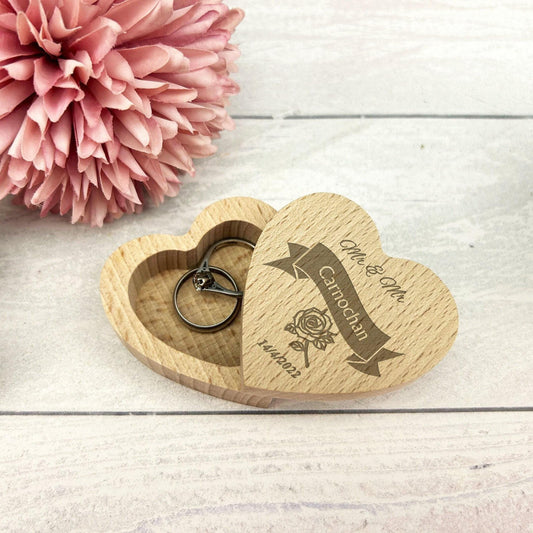 Mr & Mrs Rose Wedding Ring Carrier Heart Box Personalised Engagement Gift