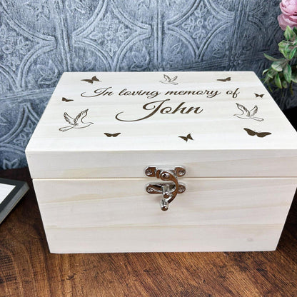 Luxury Wooden Remembrance Memory Box - Birds & Butterflies Design - Personalised Gift