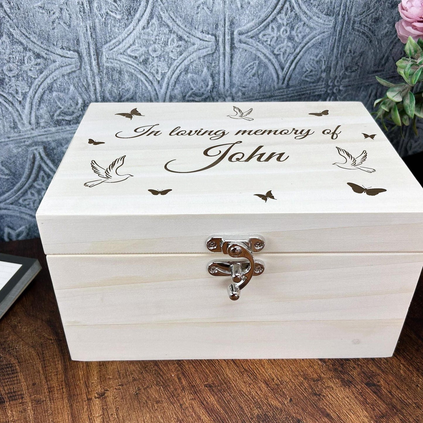 Luxury Wooden Remembrance Memory Box - Birds & Butterflies Design - Personalised Gift
