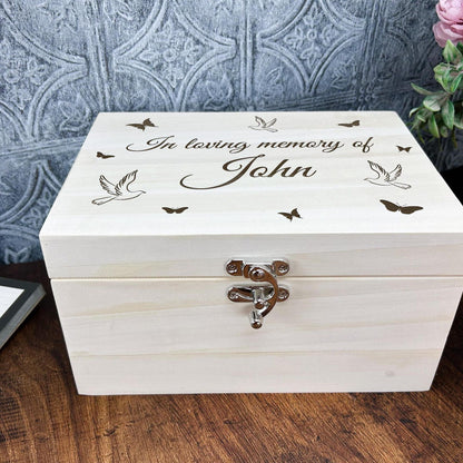 Luxury Wooden Remembrance Memory Box - Birds & Butterflies Design - Personalised Gift
