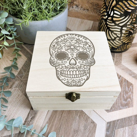 Sugar Skull Engraved Wooden Box Mexico Mexican Day Of The Dead All Souls Trinket Memory Box Storage Christmas Gift Birthday Present