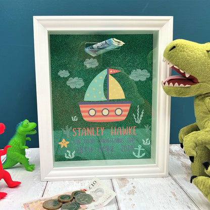 Sailboat Money Savings Box Personalised New Baby Christening Gift