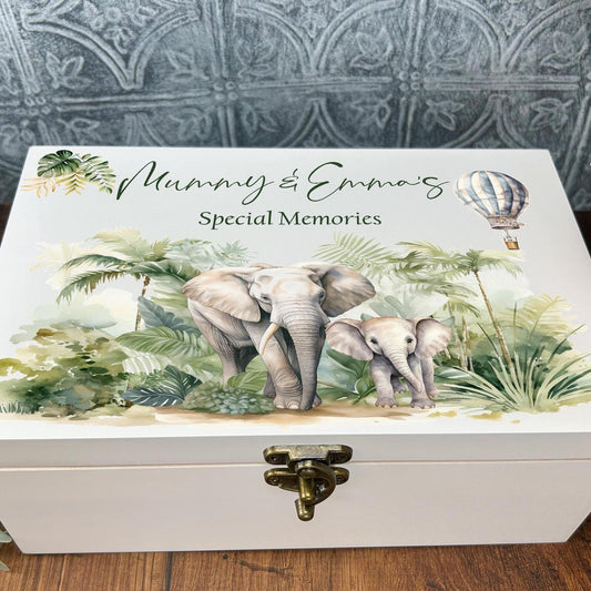 Safari Elephant White Memory Keepsake Storage Box - Personalised Gift