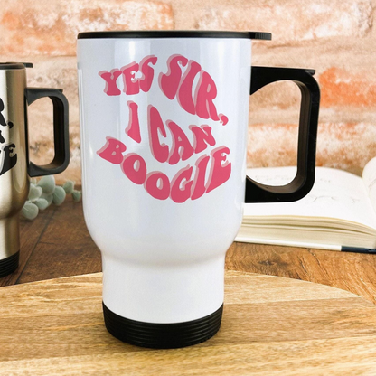 A white travel mug with a black handle, featuring a pink text design that says "YES, SIR, I CAN BOOGLE".