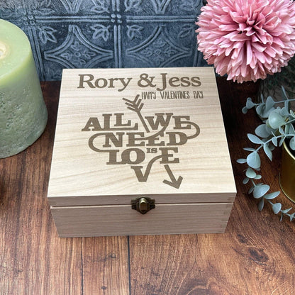 All We Need Is Love Personalised Wooden Memory Keepsake Box - Valentine's Day Gift