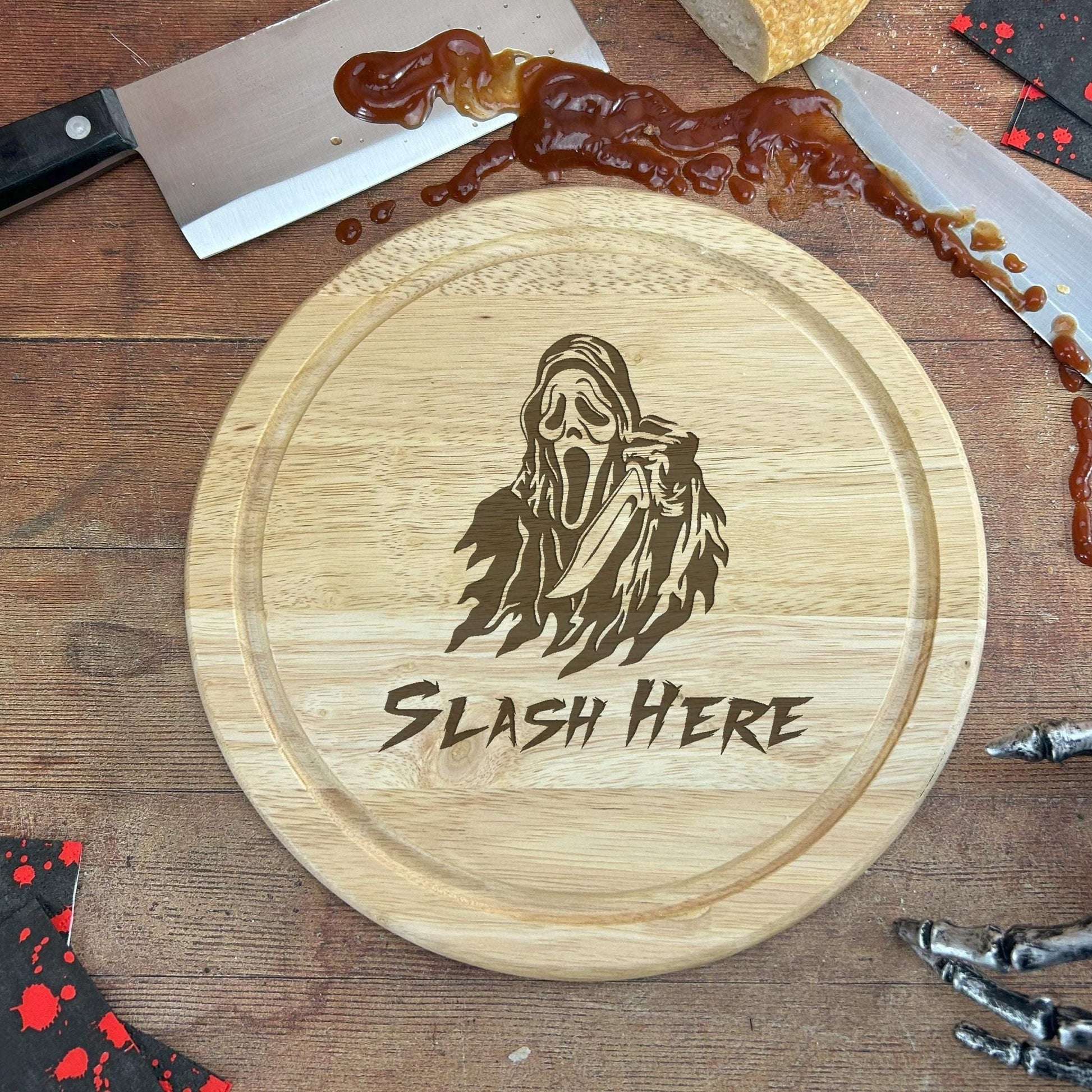a wooden cutting board with a picture of a grime monster on it