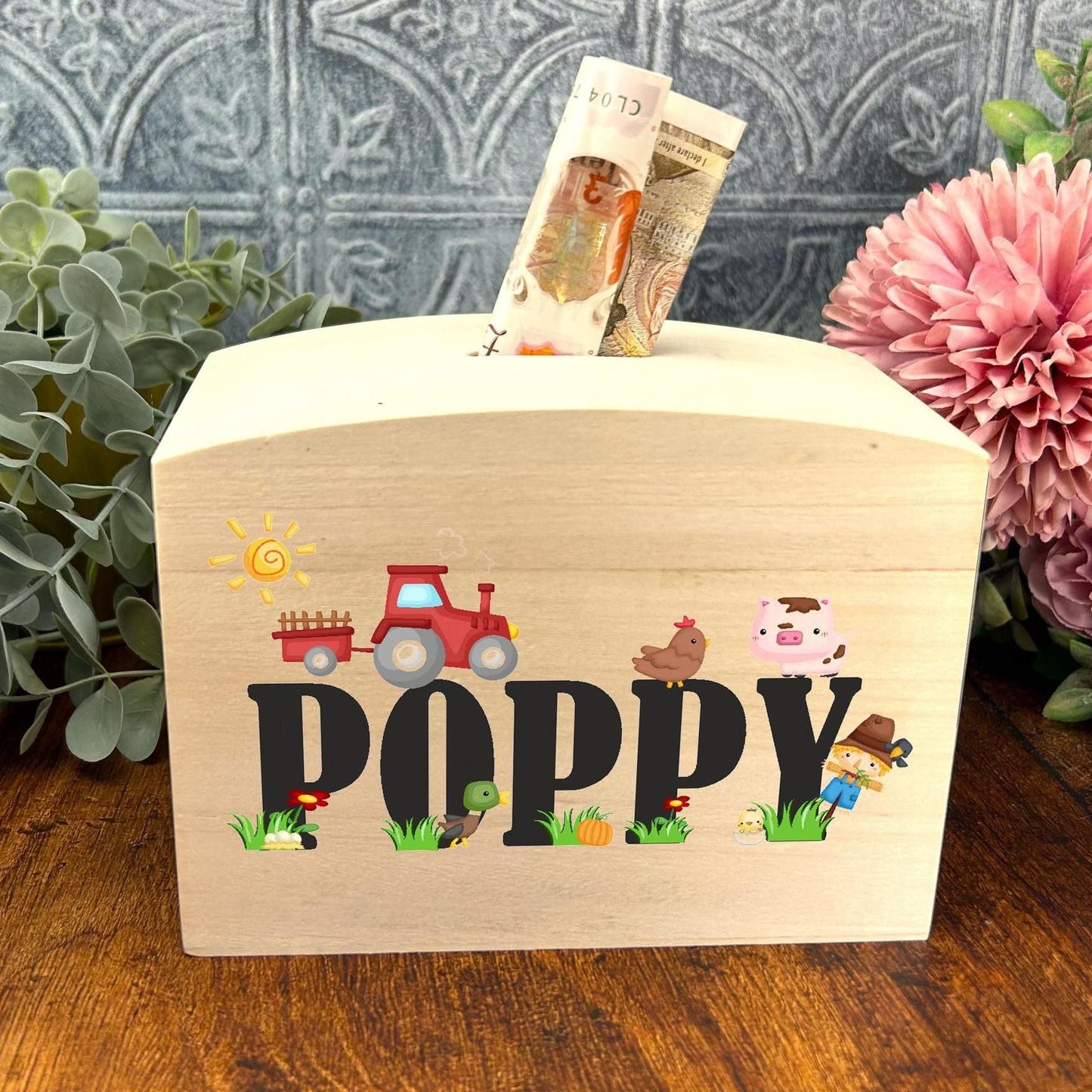 Farm Yard Theme Wooden Money Box - Colourful - Personalised - Children's Birthday Saving Gift