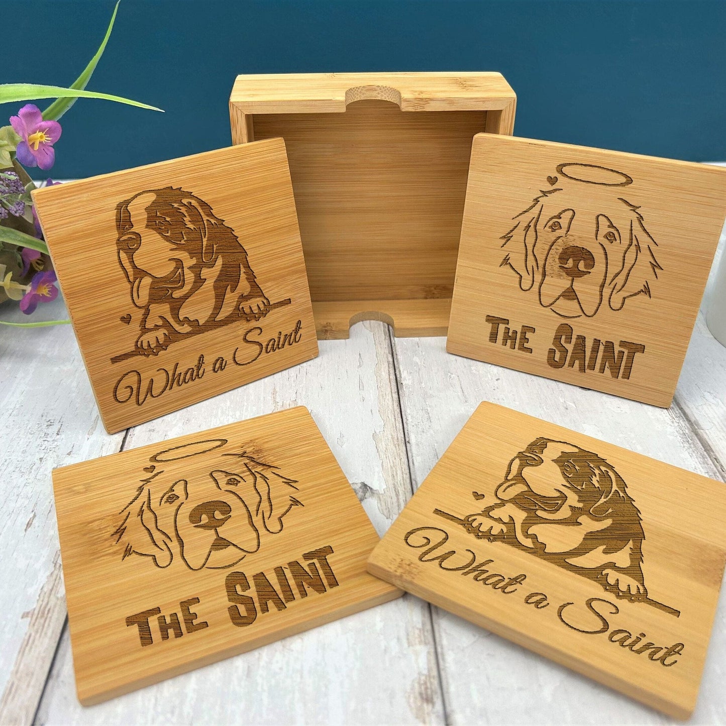 Saint Bernard Dog Engraved Bamboo Coaster Set New Home Décor House Warming Gift Christmas Gift Birthday Present