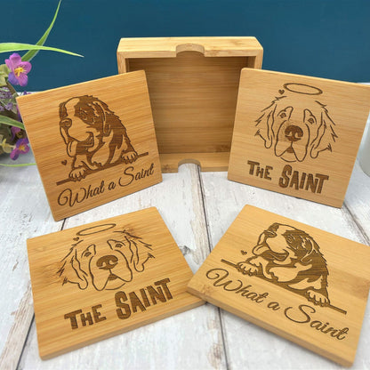 Saint Bernard Dog Engraved Bamboo Coaster Set New Home Décor House Warming Gift Christmas Gift Birthday Present