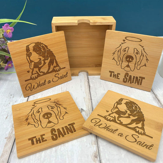 Saint Bernard Dog Engraved Bamboo Coaster Set New Home Décor House Warming Gift Christmas Gift Birthday Present