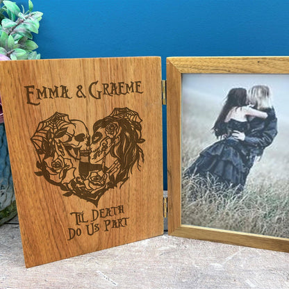 Personalised Sugar Skull Couple Oak Photo Frame - Wedding Anniversary Personalised Gift - 'Til Death Do Us Part'