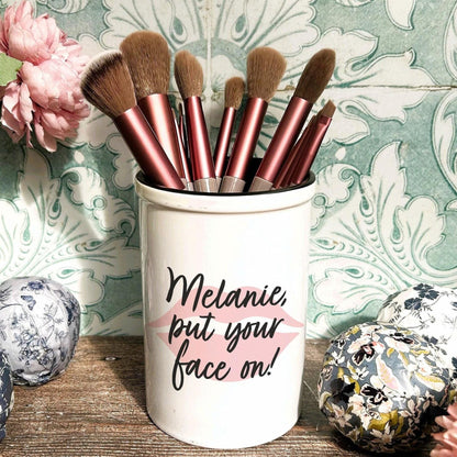 Put Your Face On - Pink Lips Personalised Makeup Make Up Brush Holder