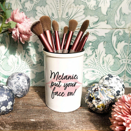 Put Your Face On - Pink Lips Personalised Makeup Make Up Brush Holder