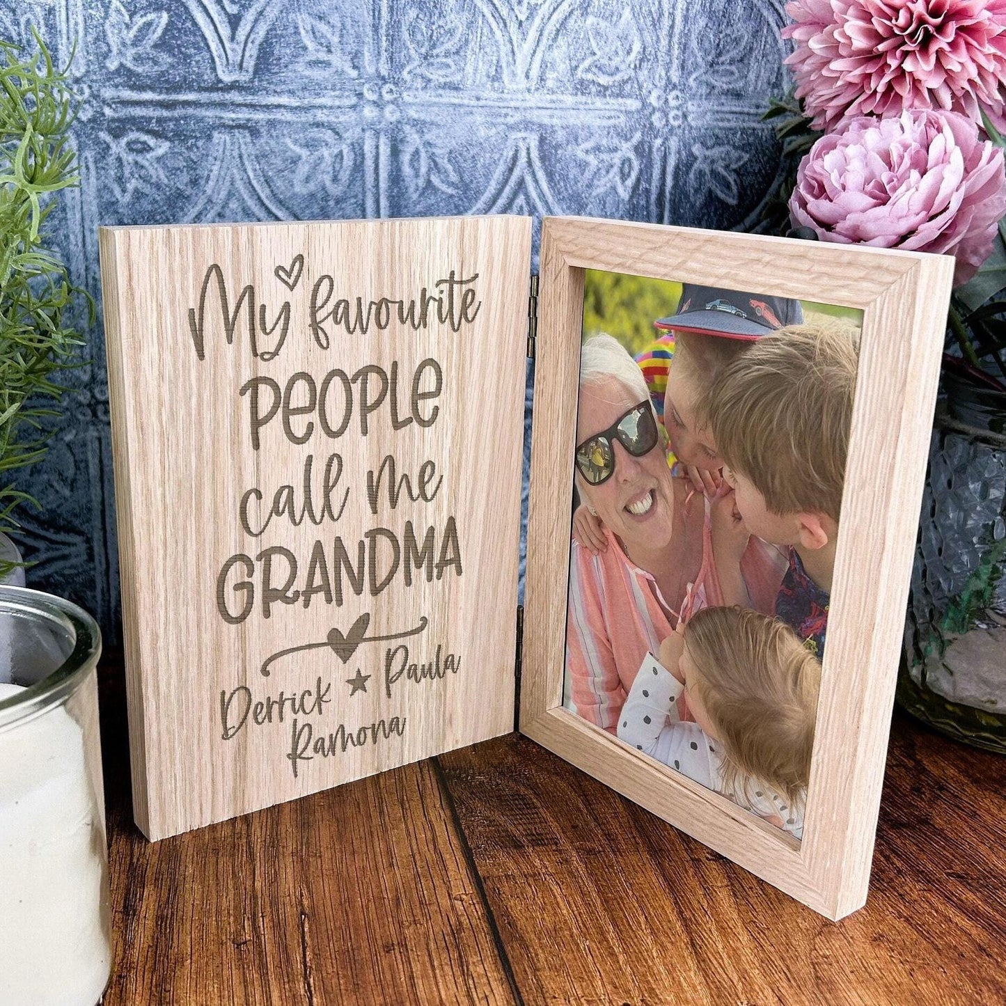 My Favourite People Call Me Grandma Personalised Oak Photo Frame Gift - Baby Announcement