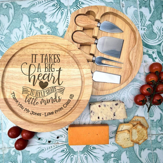 It Takes A Big Heart Cheese Board Set with Utensils - Wooden Engraved Personalised Thank You Gift - Teacher - End of Term