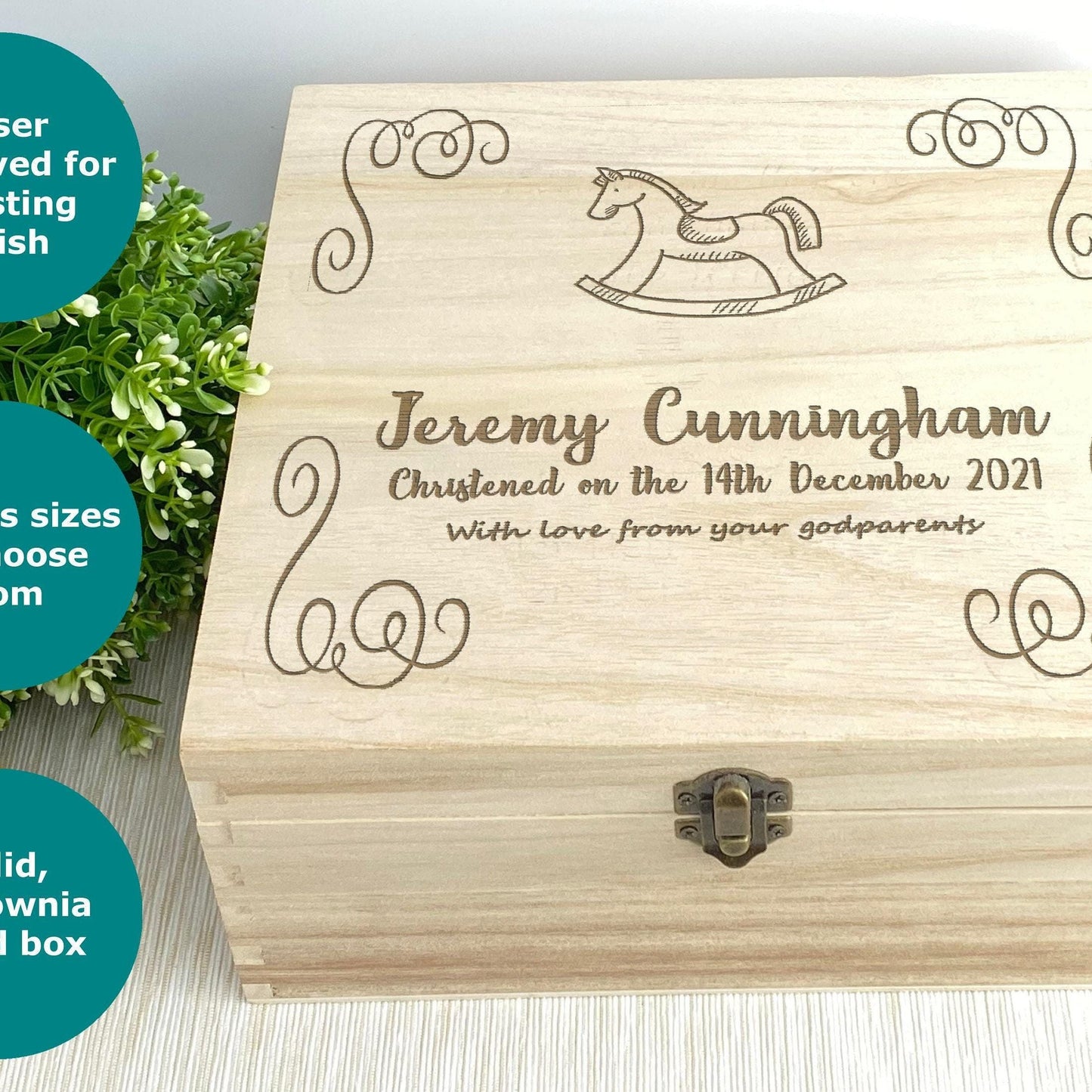 Rocking Horse Wooden Keepsake Memory Box Christening / New Baby Personalised Gift