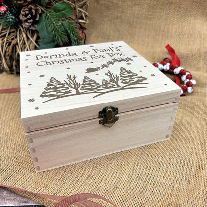 Snowy Tree Silhouette Wooden Christmas Eve Treat Box