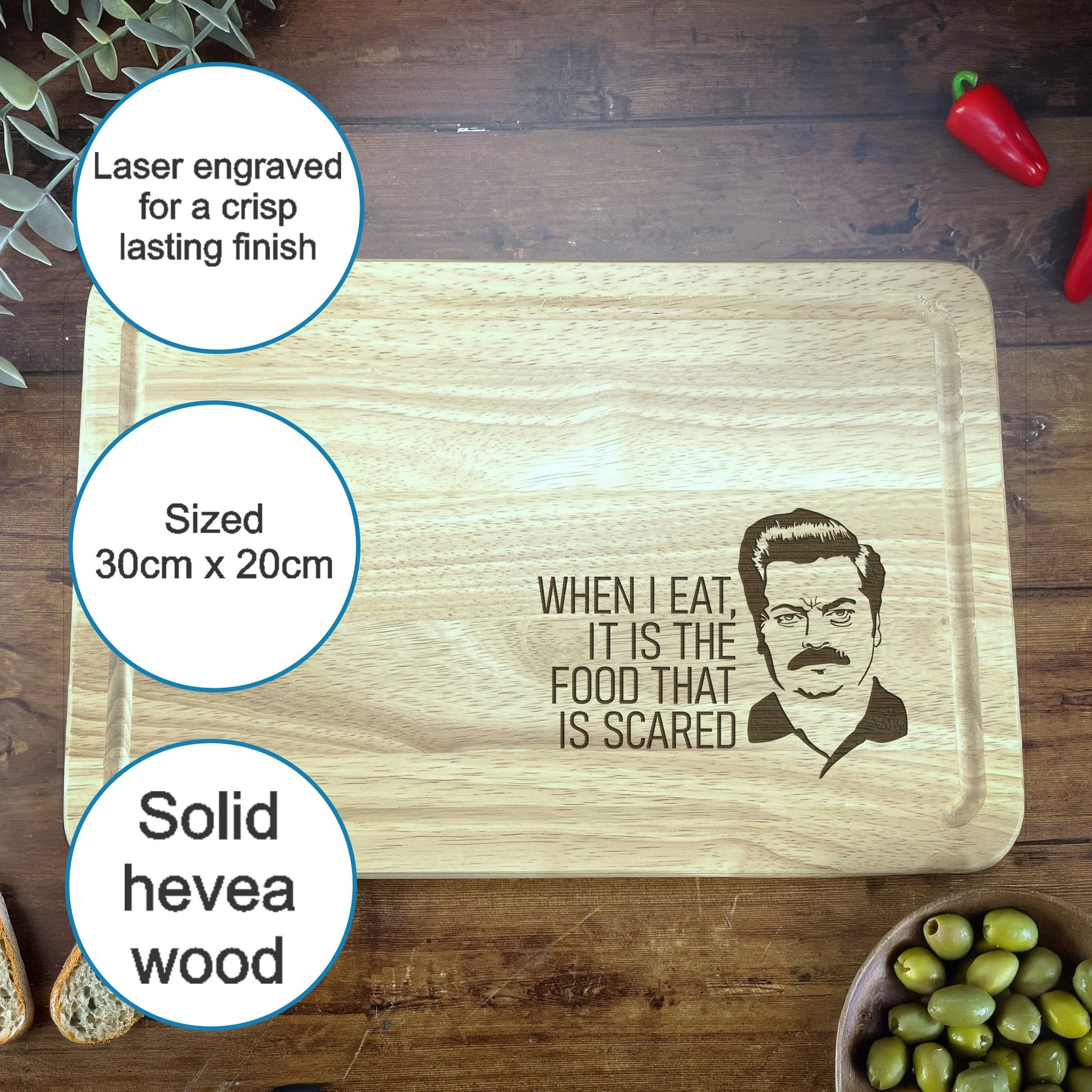 a cutting board with a picture of a man on it
