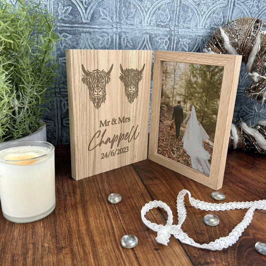 Mr & Mrs Highland Cow Design Personalised Oak Photo Frame - Wedding Gift