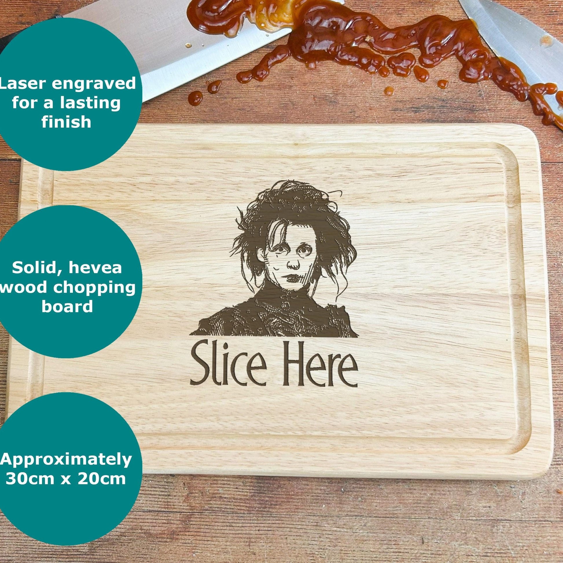 a cutting board with a picture of a person on it
