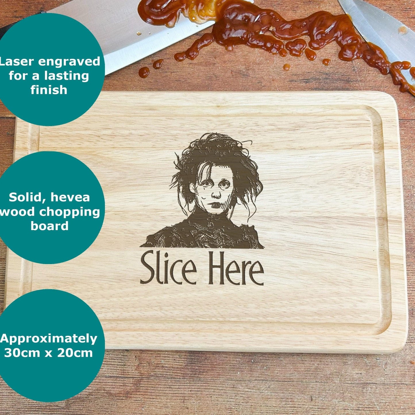 a cutting board with a picture of a person on it