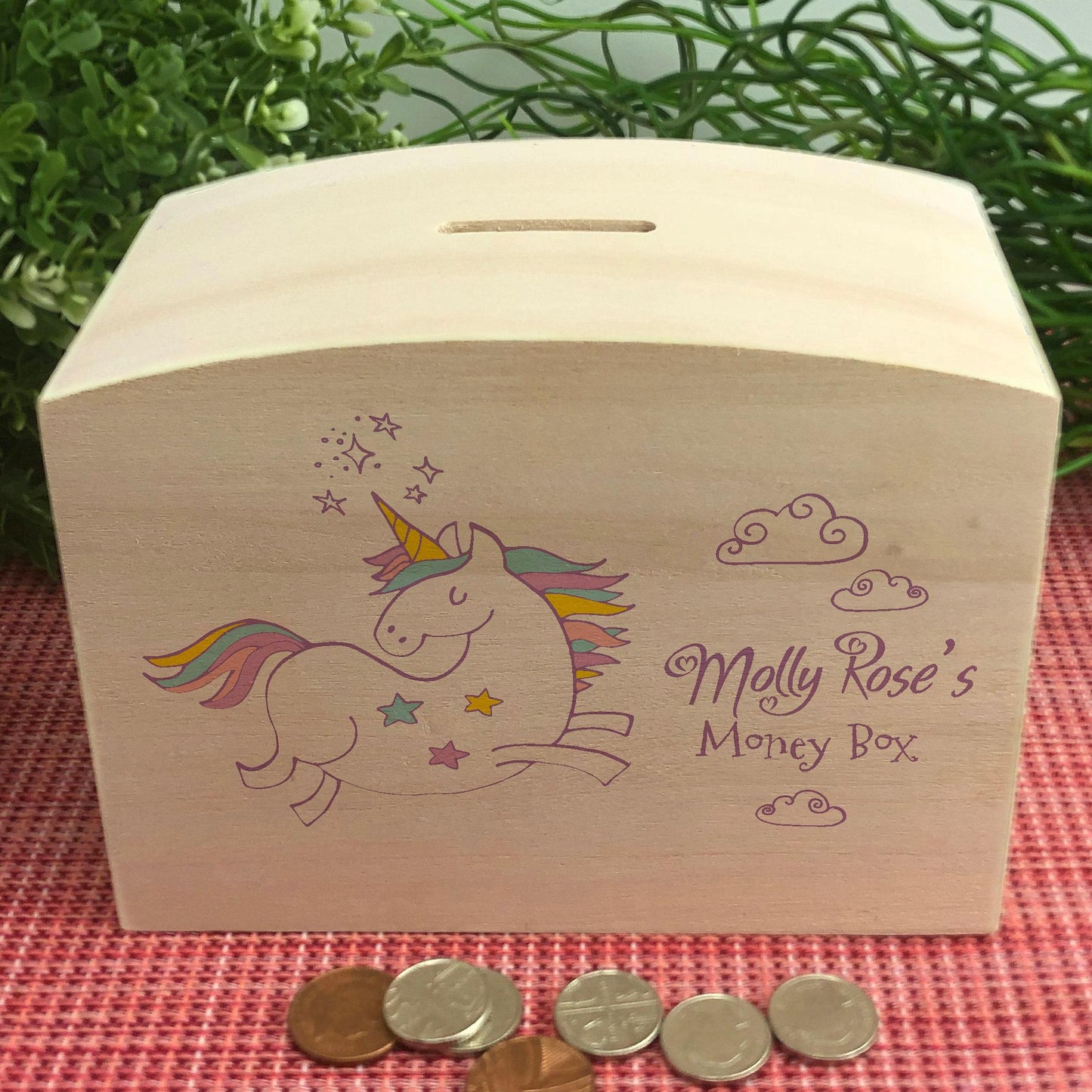 Unicorn Wooden Money Box - Colourful Personalised Children's Saving Gift