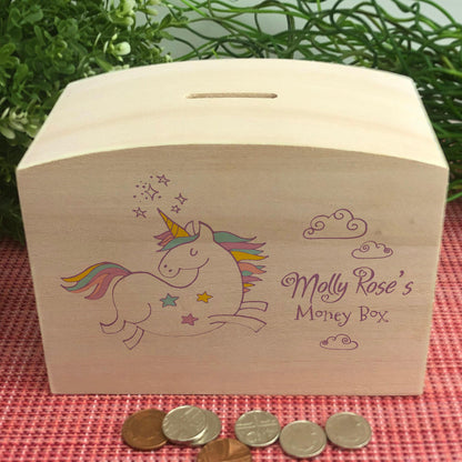 Unicorn Wooden Money Box - Colourful Personalised Children's Saving Gift