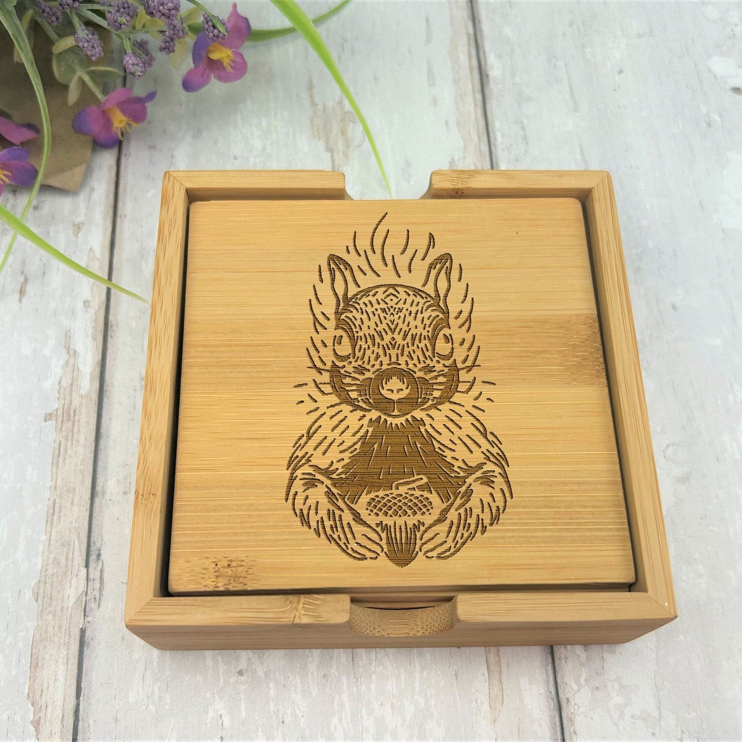 Squirrel Engraved Bamboo Coaster Set New Home Décor House Warming Christmas Gift Birthday Present Woodland Animal Cottage Core