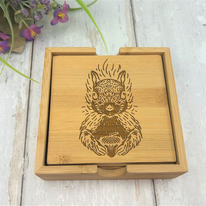 Squirrel Engraved Bamboo Coaster Set New Home Décor House Warming Christmas Gift Birthday Present Woodland Animal Cottage Core