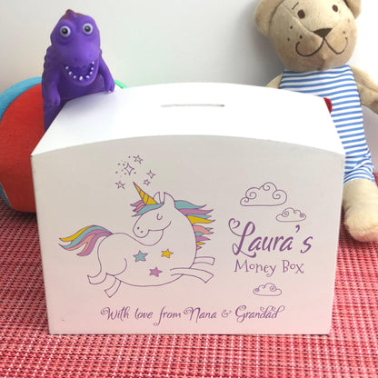 Unicorn Wooden Money Box - Colourful Personalised Children's Saving Gift