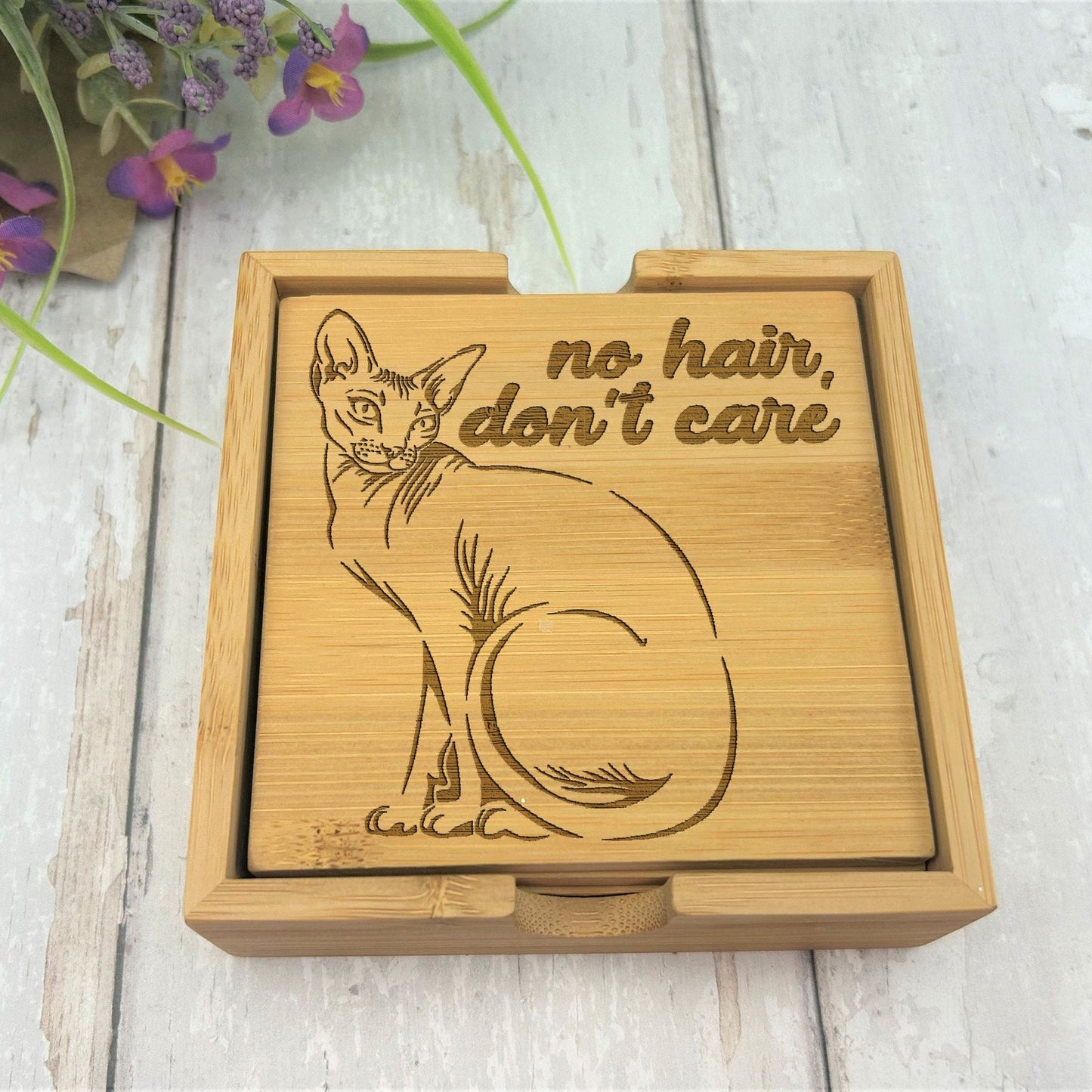 Sphynx Cat Bamboo Engraved Coaster Set New Home Décor House Warming Christmas Gift Birthday Present