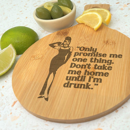 Breakfast at Tiffany's Audrey Hepburn Bamboo Paddle Chopping Board Garnish Drinking Gin Tonic Cocktails Home Bar