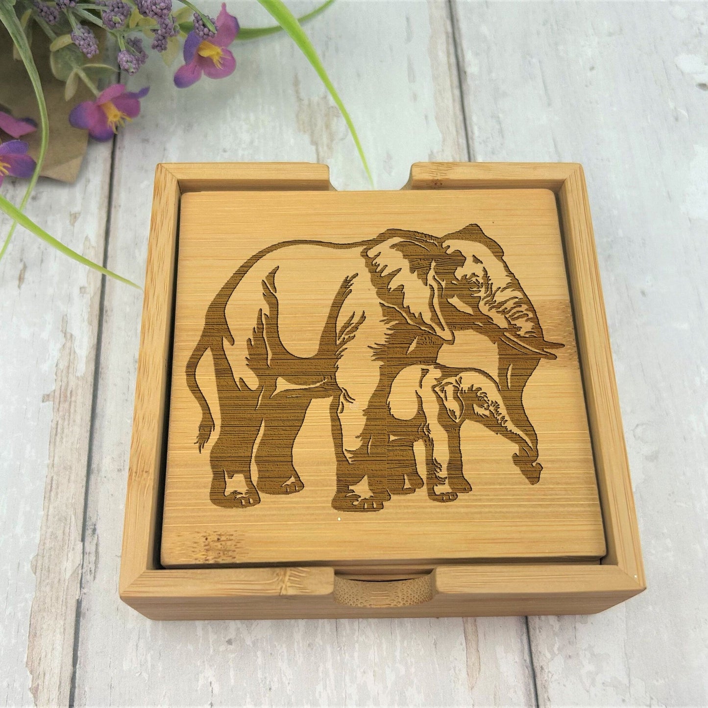 Elephant Engraved Bamboo Coaster Set New Home Décor House Warming Gift Christmas Gift Birthday Present