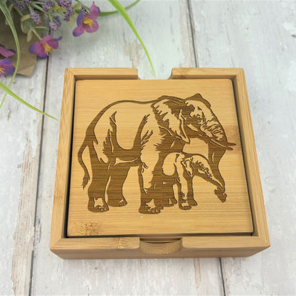 Elephant Engraved Bamboo Coaster Set New Home Décor House Warming Gift Christmas Gift Birthday Present