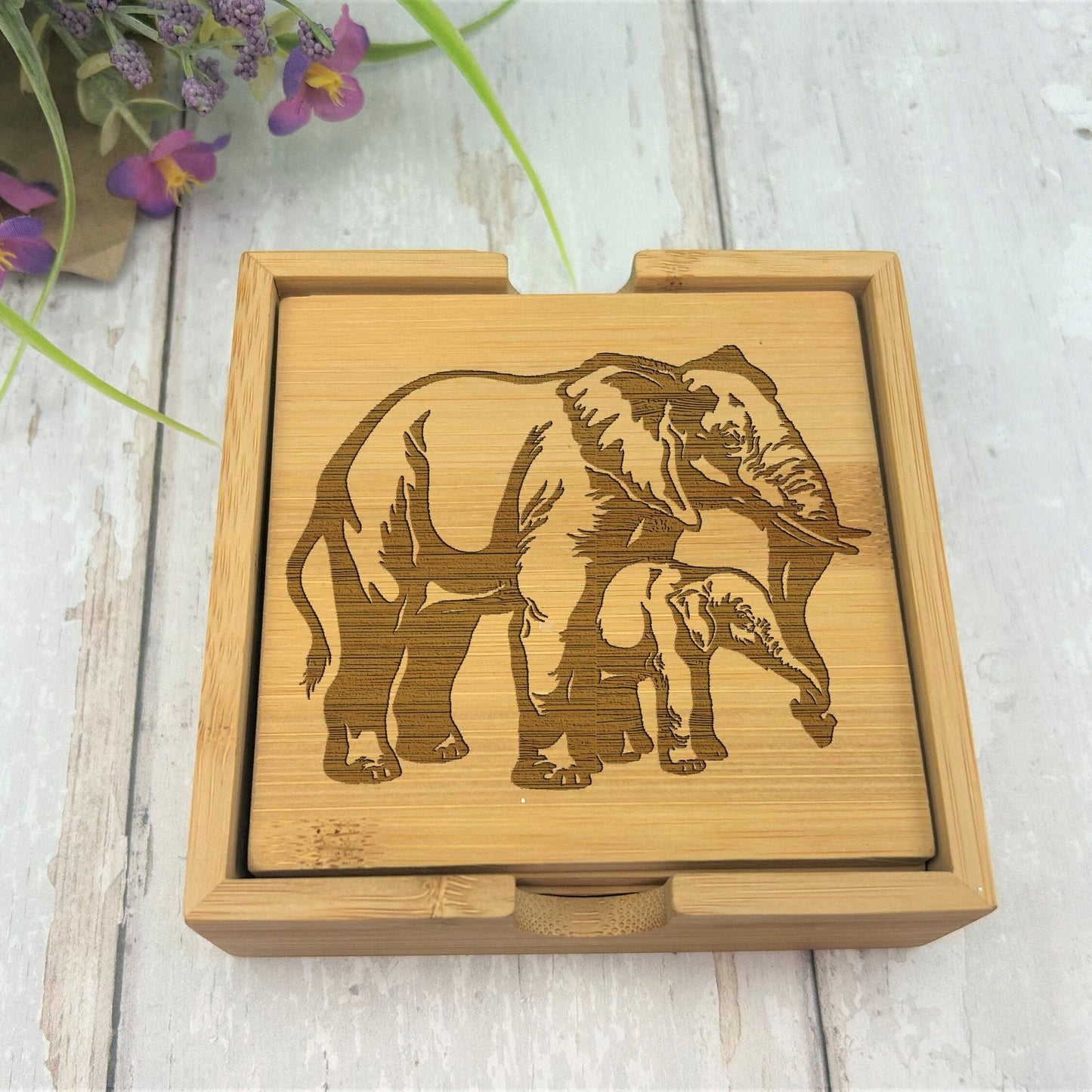 Elephant Engraved Bamboo Coaster Set New Home Décor House Warming Gift Christmas Gift Birthday Present