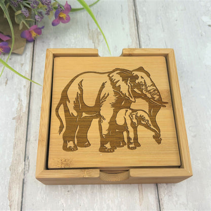 Elephant Engraved Bamboo Coaster Set New Home Décor House Warming Gift Christmas Gift Birthday Present