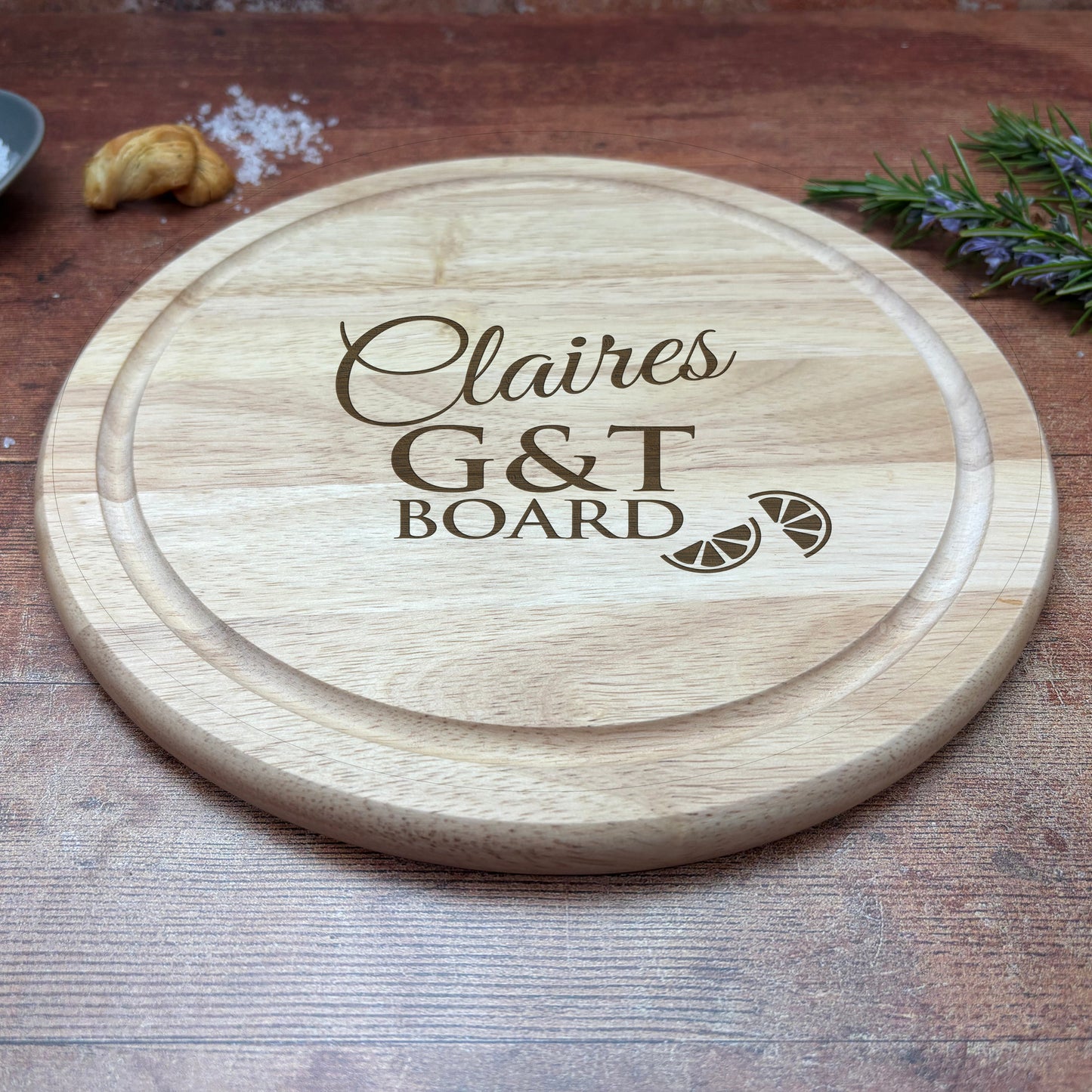 a personalized cutting board on a wooden table
