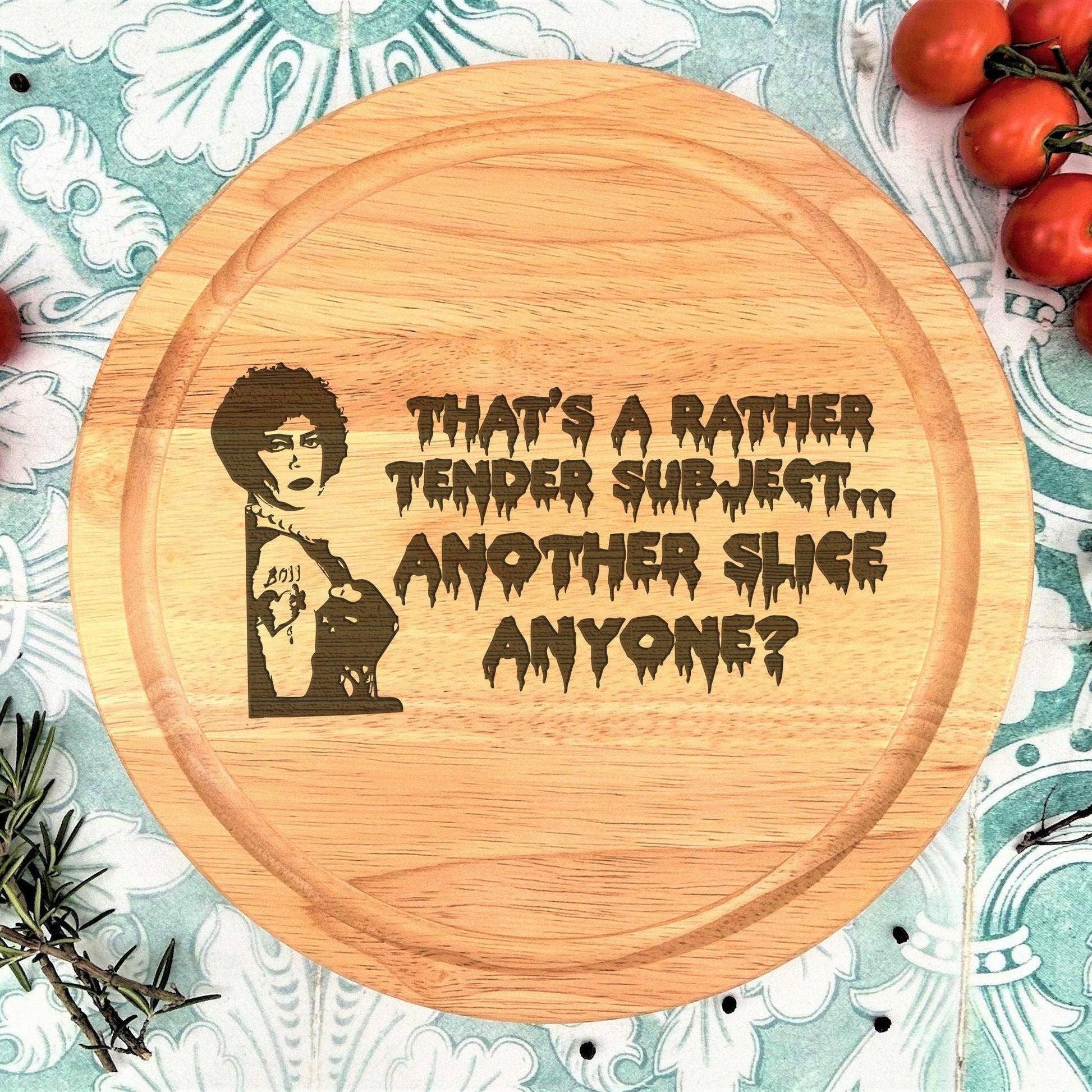 a wooden cutting board with a picture of a woman on it