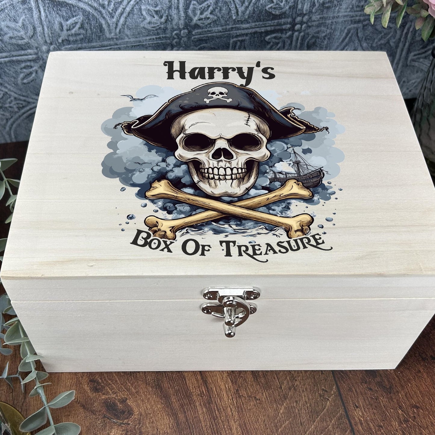 Pirate Treasure Chest Printed Skull & Crossbones Children's Personalised Wooden Box