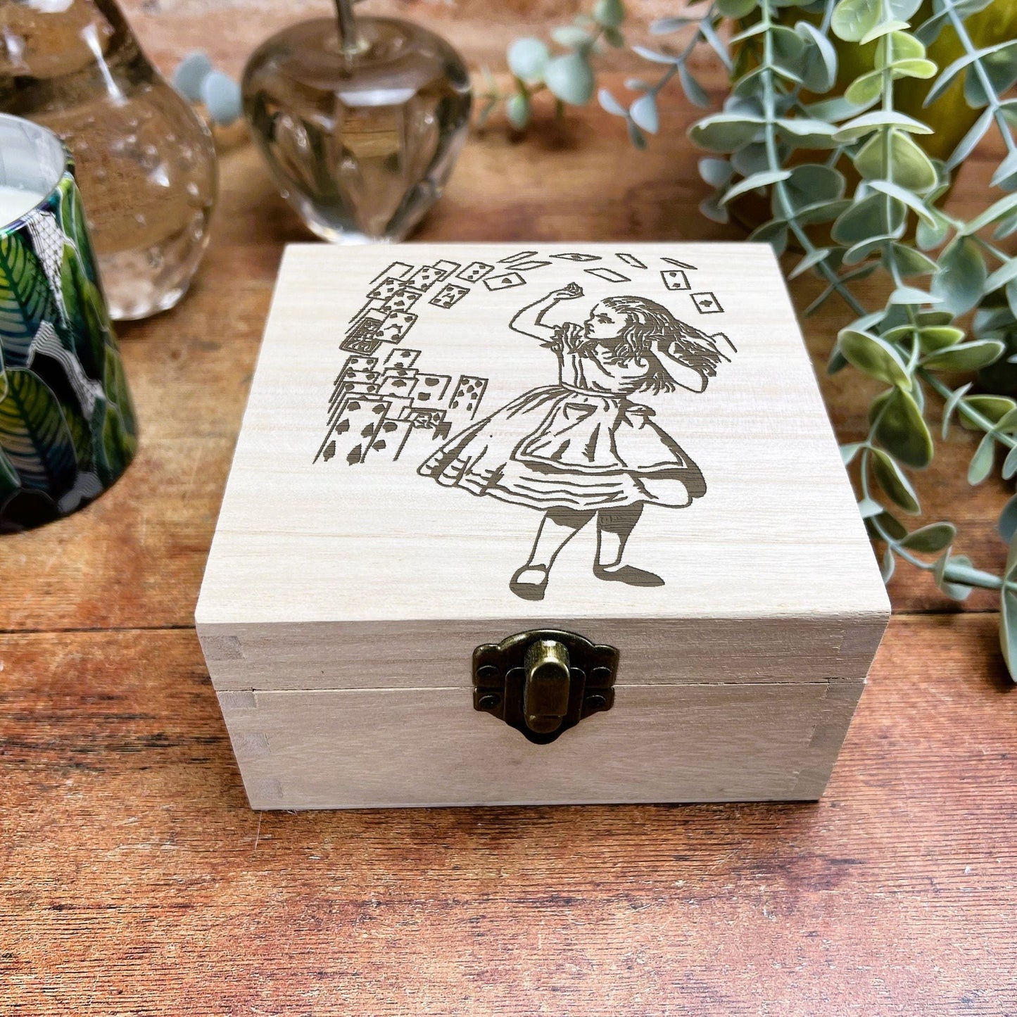 Alice in Wonderland Illustration Engraved Wooden Box - Trinket Jewellery Box - Christmas Birthday Gift