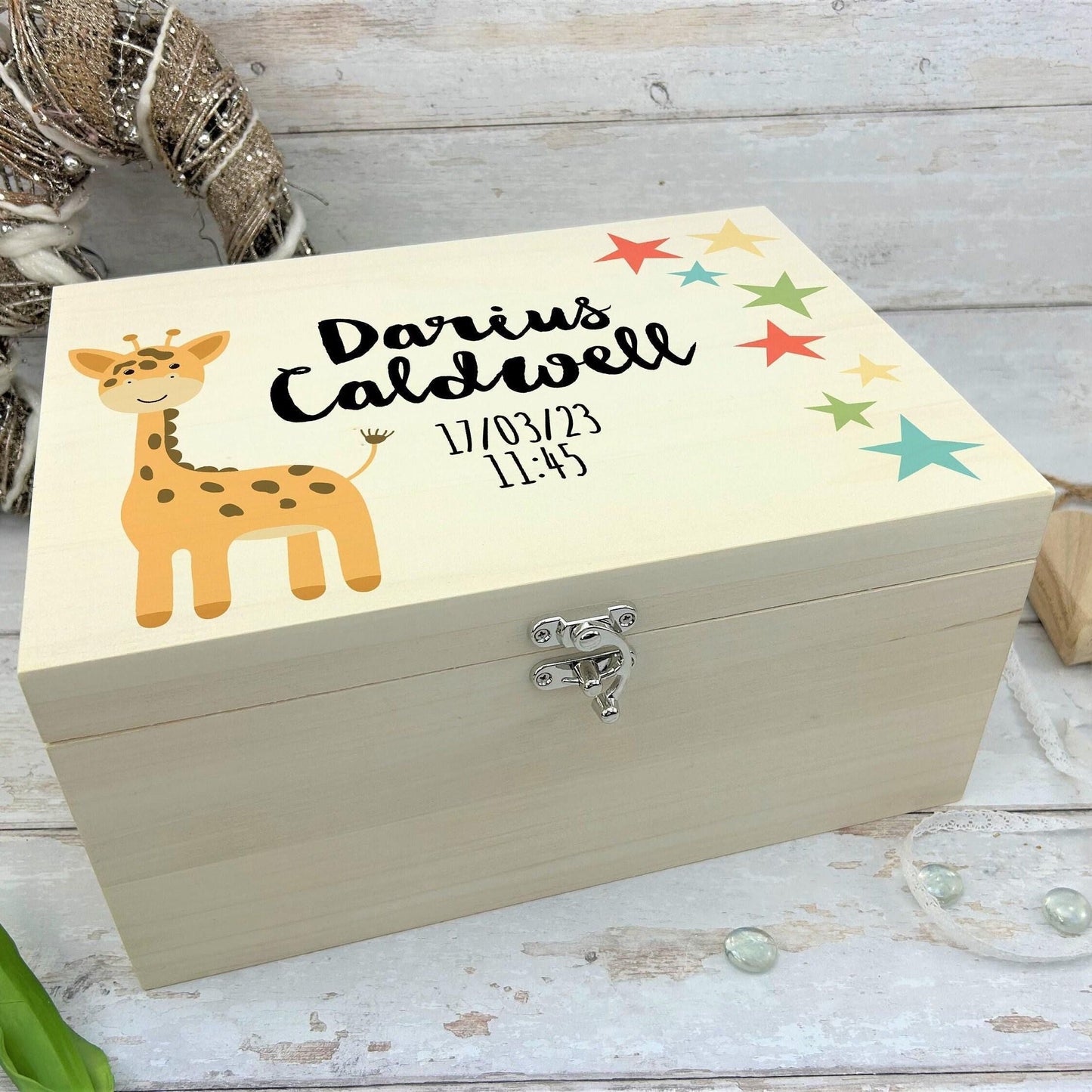 Giraffe Stars Christening New Baby Personalised Wooden Memory Box Gift