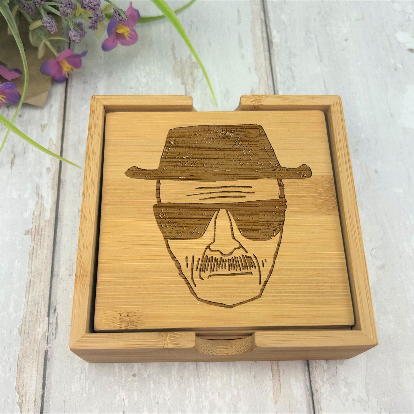 Breaking Bad Heisenberg Walter White Better Call Saul Jesse Pinkman Bamboo Engraved Coaster Set New Home Décor House Warming Gift