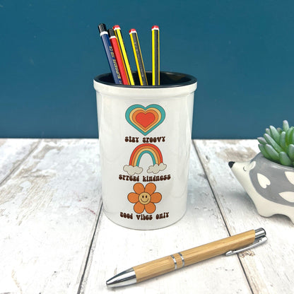 Stay Groovy Good Vibes Hippy 70s Positivity Ceramic Pencil Pen Pot Stationary Gift