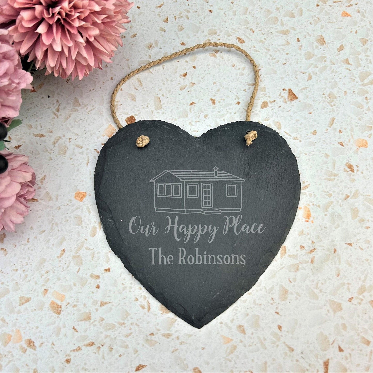 Our Happy Place - Holiday Home Sign - Beach Caravan House - Personalised Slate Heart Plaque Gift