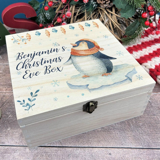 Penguin Personalised Wooden Christmas Eve Treat Box